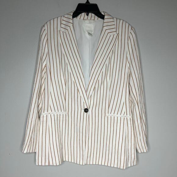 H&M Women's Ivory & Gold Yellow Seersucker Striped Blazer Jacket Size 10 Spring - Picture 1 of 8